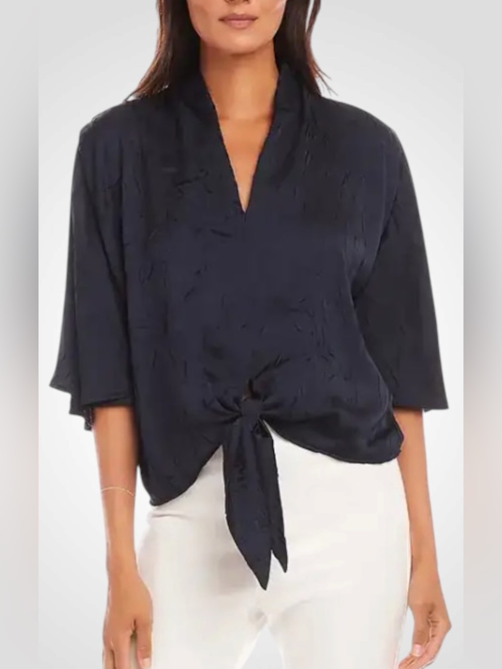 Karen Kane Navy Flare Sleeve Top Tie-Front Top | Karen Kane V-Neck Blouse NWT S.
